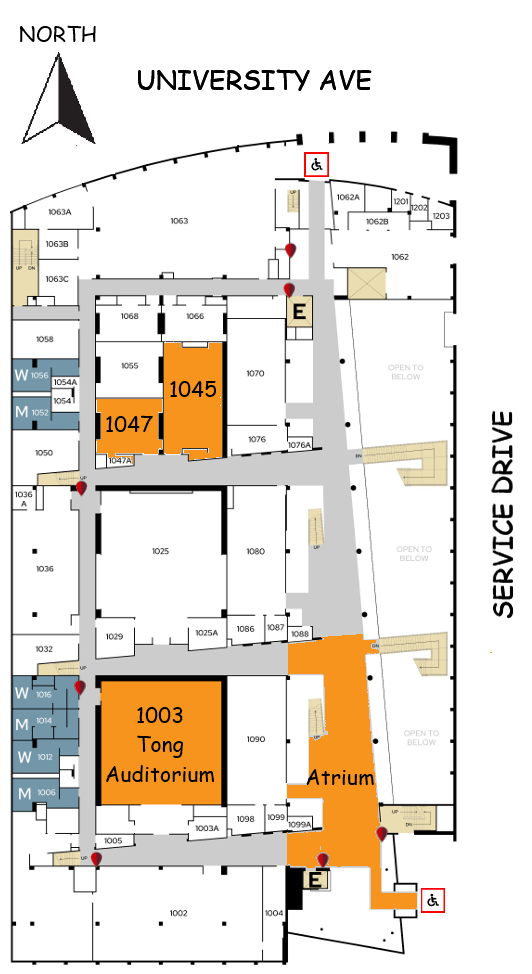Engineering Centers Building floor plan with Tong Auditorium, the Atrium, and rooms 1045 and 1047 highlighted